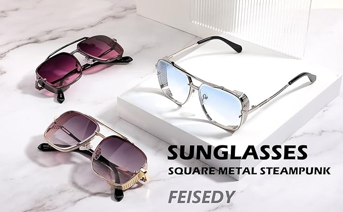 FEISEDY Sunglasses Mens Women Vintage Pilot Square Trendy Metal Steampunk Fishing Driving Sun Glasses B2894
