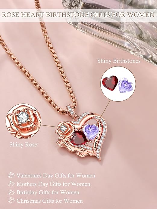 Rose Heart Necklaces for Women, Rose Gold Forever Love Jewelry with 2 Birthstones Pendant, Christmas Anniversarry Birthday Gifts for Her Wife Mom Grandma, 18+2 Inch Chain