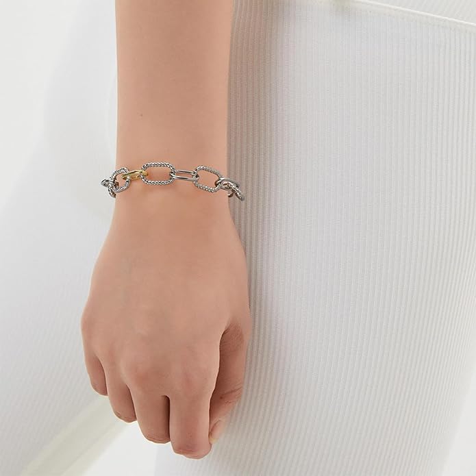Mytys Link Bracelet for Women Gold and Silver 2 tone Circles Chain Wire Bangle Bracelets