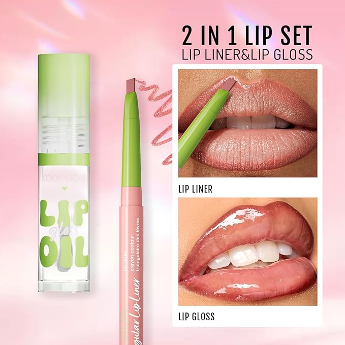 Pink Lip Liner White Lip Oil Gloss Click Clear Shimmer, Long Wear Makeup Fat Oil Set With Natural Oils for Nourishment, Moisturizing Lip Lipstick Gloss Liner Pencil Combo Set
