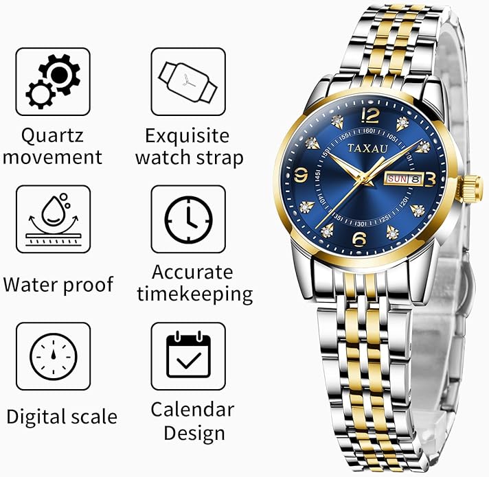 Womens Watch Fashion Dress Waterproof Silver Watches for Women Casual Easy Read Quartz Analog Women's Watch Two Tone Stainless Steel Ladies Watches with Day Date