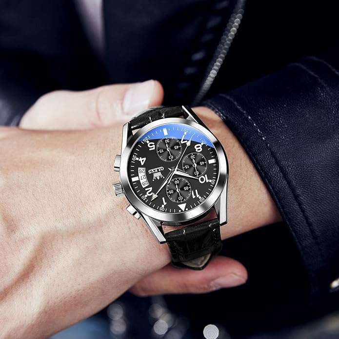 OLEVS Men's Casual Leather Watch, Big Face Chronograph Watch for Men, Fashion Easy to Read Dress Watch, Men's Waterproof Luminous Date Analog Watch, Gold/Black/White/Blue Dial