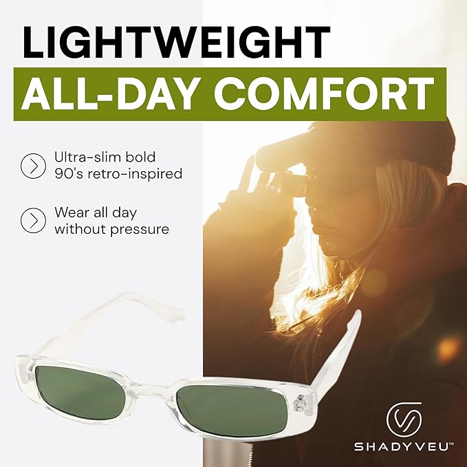 ShadyVEU Slim Classic Rectangular Sunglasses UV Protection 90’s Vintage Small Wide Retro Frame Fashion Shades