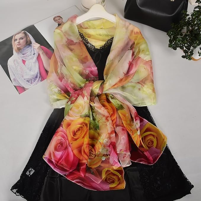 100% Mulberry Silk Women's Neck Silk Scarf-Lightweight Shawl,FLoral Print Beach Silk Wrap-Scarves for Photography