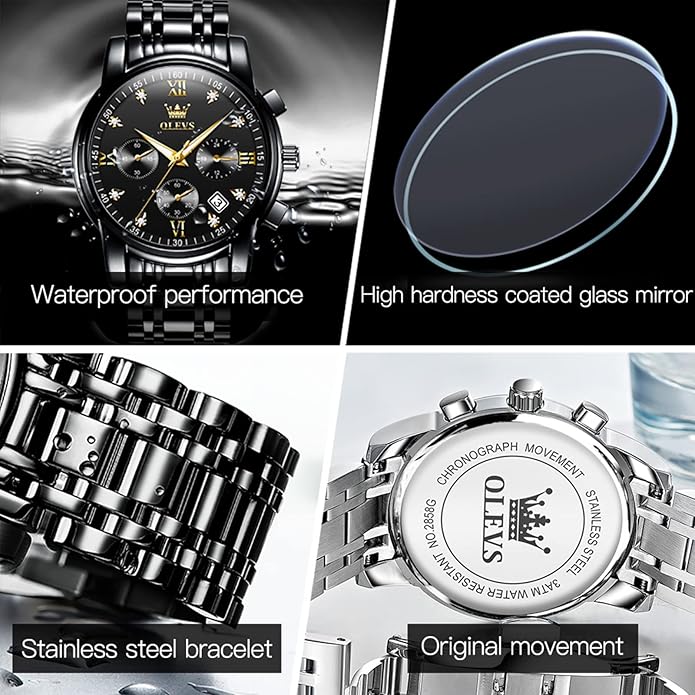 OLEVS Mens Watches Waterproof Stainless Steel Adjustable Bracelet Watch Quartz Analog Watch for Men Fashion Business Classic Mens's Wrist watch's Casual Watches Gold/Blue/Black/White/Face/Dial