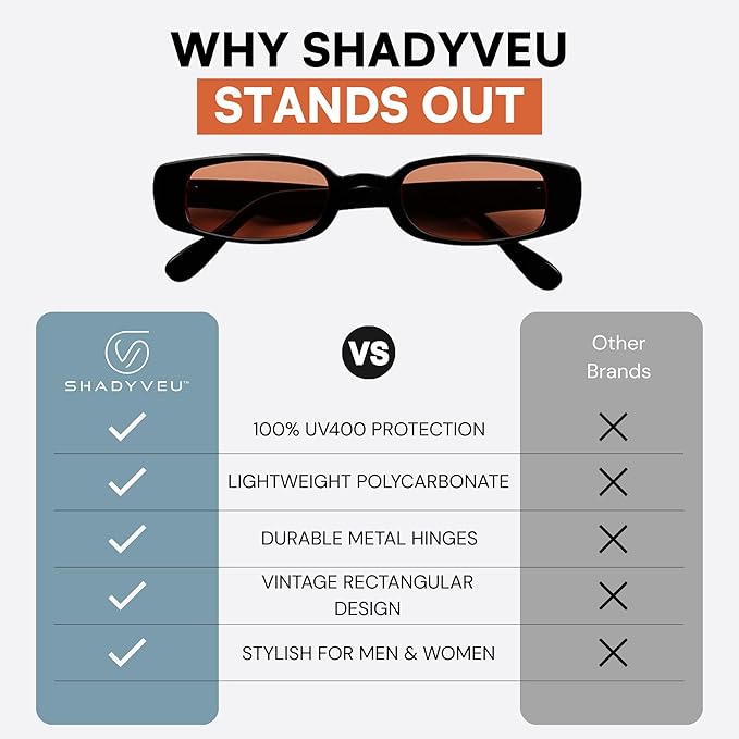 ShadyVEU Slim Classic Rectangular Sunglasses UV Protection 90’s Vintage Small Wide Retro Frame Fashion Shades