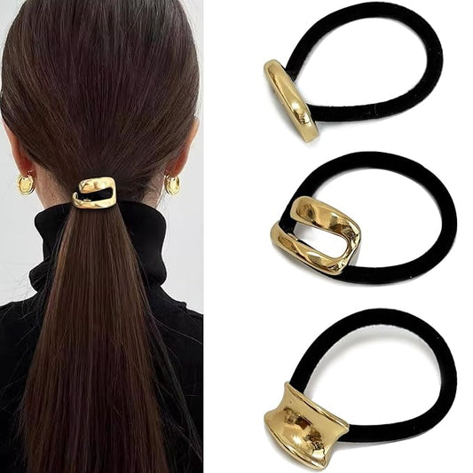 3PCS Golden Metal Hair Ties – No Damage Thick Band, High Elasticity, Durable, Stylish Golden Geometric Ponytail Holders Hair Accessories for Women