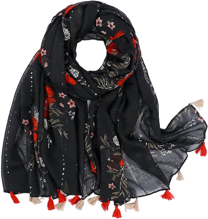 Yeieeo Boho Scarf for Women Lightweight Floral Printed Scarf Fall Winter Fashion Fringed Shawl