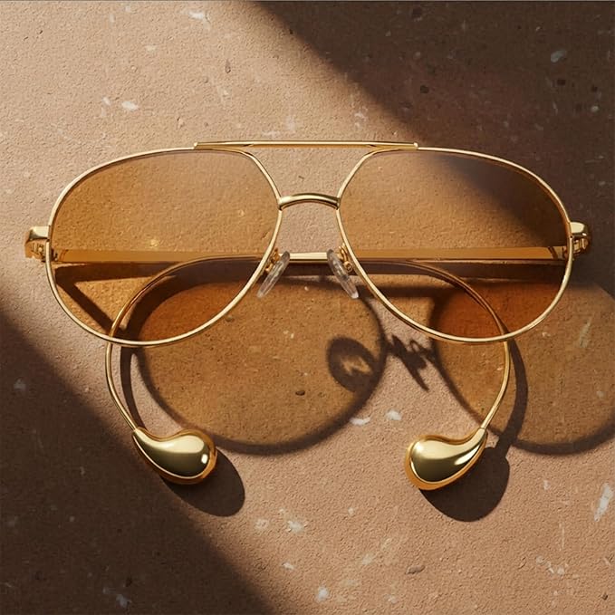 SODQW Trendy Aviator Sunglasses for Women with Earring Gold Metal Frame Fashion Sun Glasses