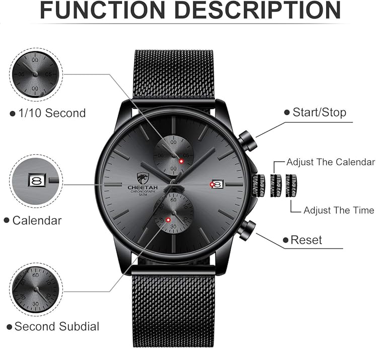 GOLDEN HOUR Mens Watch Fashion Sleek Minimalist Quartz Analog Mesh Stainless Steel Waterproof Chronograph Watches for Men with Auto Date