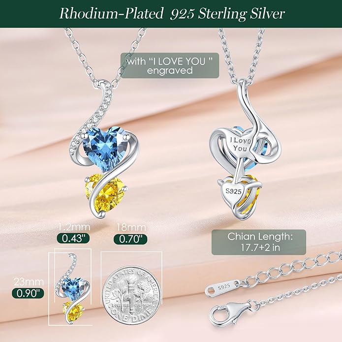 LOUISA SECRET Unique Double Heart Necklace Gifts for Wife Women, 925 Sterling Silver Tiny Birthstone Pendant Jewelry Gift for Her Girlfriend Mom Valentine's Day Anniversary Mother's Day Birthdays & Christmas