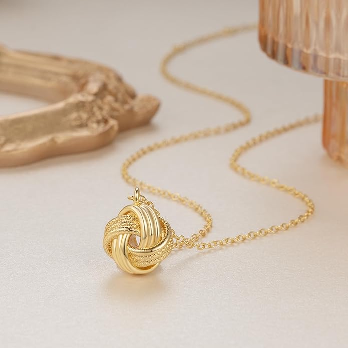 Gold Pendant Necklace 14K Gold Necklaces for Women Love Knot Necklace Artistic Knot Design with Stamped Textures Interlocking Circle Pendant Necklaces for Women Trendy