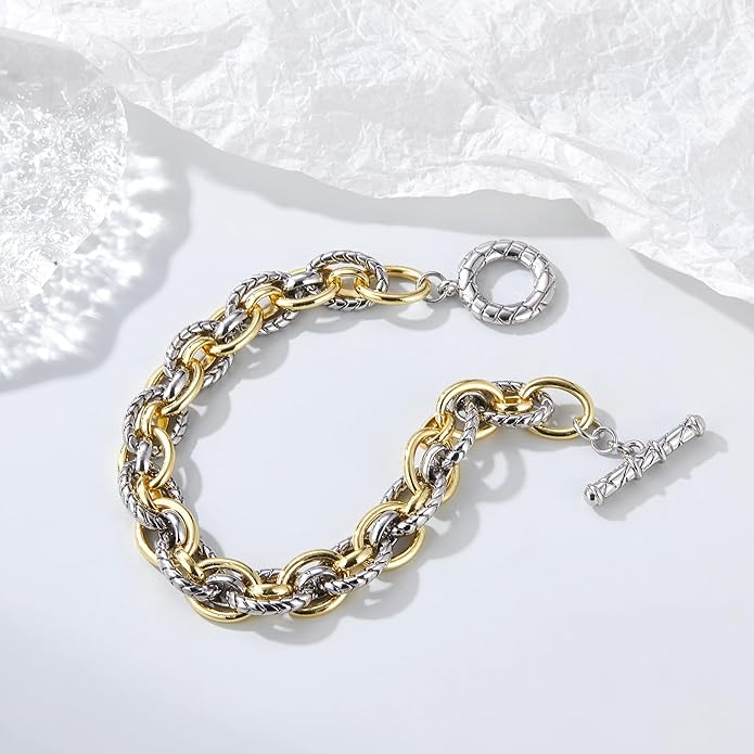 Mytys Link Bracelet for Women Gold and Silver 2 tone Circles Chain Wire Bangle Bracelets