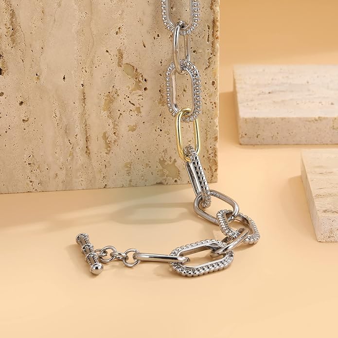 Mytys Link Bracelet for Women Gold and Silver 2 tone Circles Chain Wire Bangle Bracelets