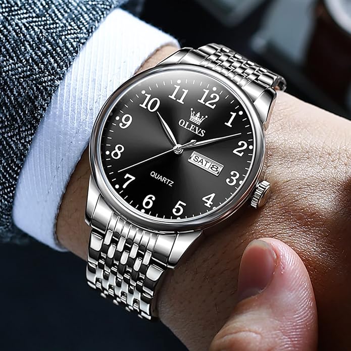 OLEVS Mens Watch Stainless Steel Analog Quartz Watches for Men Day Date Easy Read Diamond Waterproof Dress Luxury Classic Casual Big Face Blue/Black/Gold/Silver Roman Arabic Numerals Men's Wrist Watch