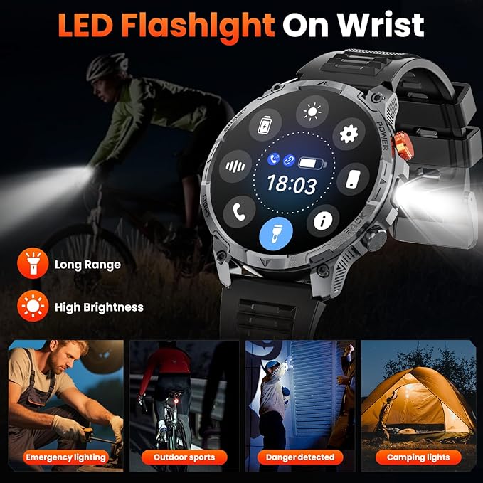 Military Smart Watches for Men,1.75″ Smartwatch with 100-Day Ultra-Long Battery/Flashlight,Fitness Watch for Heart Rate/Sleep/Calling/110+ Sports Mode Smart Watch for Android iOS 1000 mAh