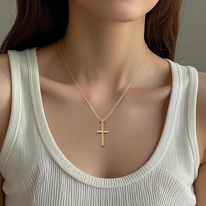 14K Gold Plated Cross Necklace for Women Small Cross Necklace for Women 14K Gold Plated Necklaces for Womens Trendy Modern Minimalist Inspiration Golden Plated Jewelry for Womens Crosses Pendant (A-Cross)