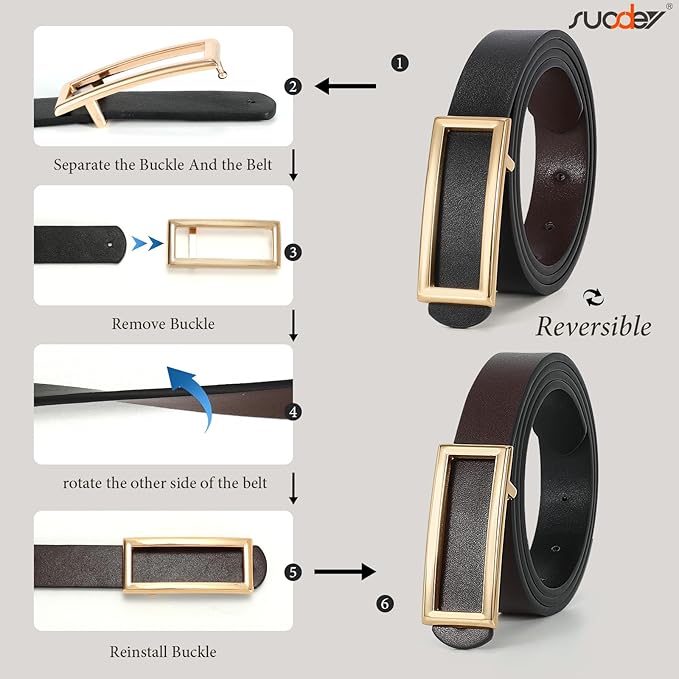 SUOSDEY Women Reversible Leather Belts for Jeans Pants Dresses Ladies Fashion Belts with Gold Buckle, 0.9" Width