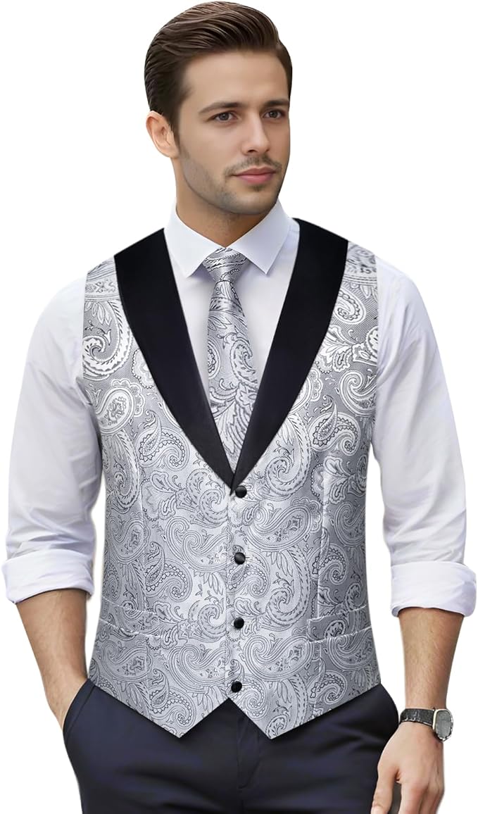 DiBanGu Mens Paisley Suit Vest Silk Jacquard Waistcoat and Necktie Set Formal Shawl Collar Dress Vest 7PCS for Wedding Party