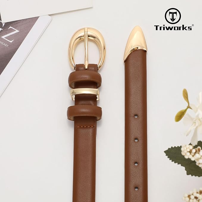 TRIWORKS Women Leather Belt for Jeans Pants Fashion Ladies Skinny Faux Leather Dress belt with Gold Buckle