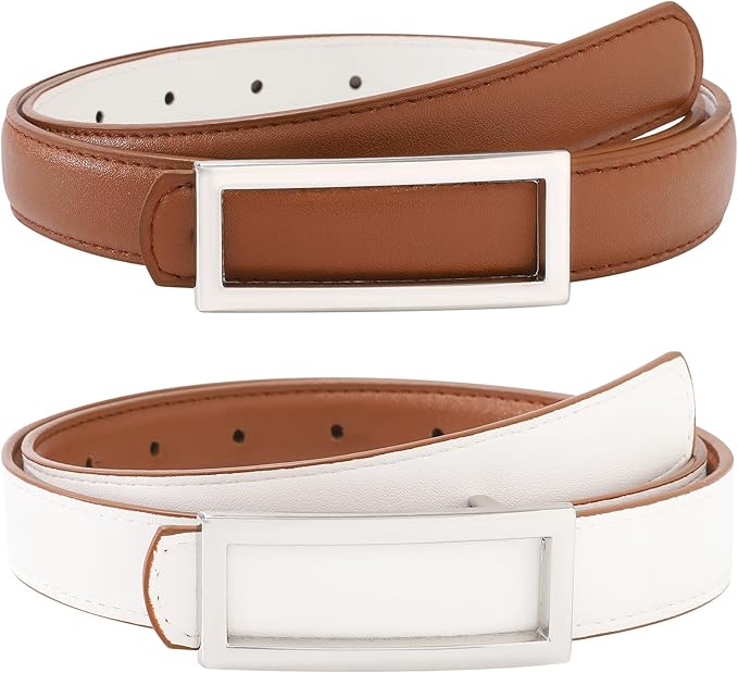 AWAYTR Women Reversible Leather Belt - Two-in-One Women Fashion Skinny Belt for Jeans with Golden Buckle