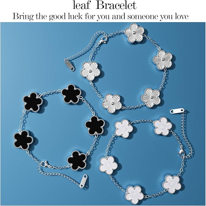 AICase 18K Gold Plated Clover Bracelet Dupes White/Black/Silver Bracelet Set for Women Flower Leaf Lucky Clover Bracelets Trendy Jewelry Birthday Gifts for Women/MoM/Daughter/Nana/Besties/Friends
