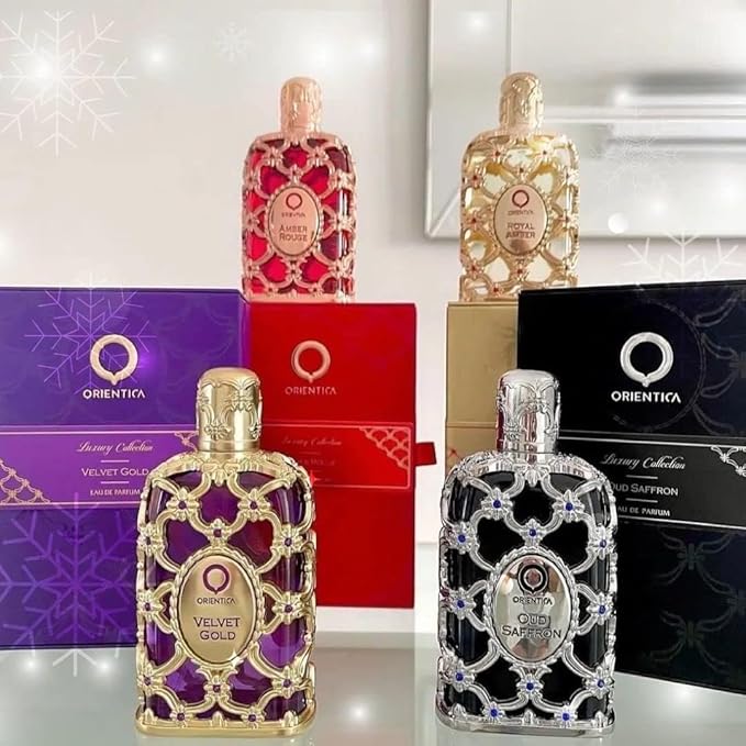 ORIENTICA Velvet Gold 4-Piece Gift Set Eau De Parfum - Vanilla, Bergamot, Gourmand, Caramel, Violet, Patchouli, Rose, Musk - Arabic Perfume for Men & Women - 2.7 Fl Oz + 0.33 Fl Oz + Atomizer + Bag