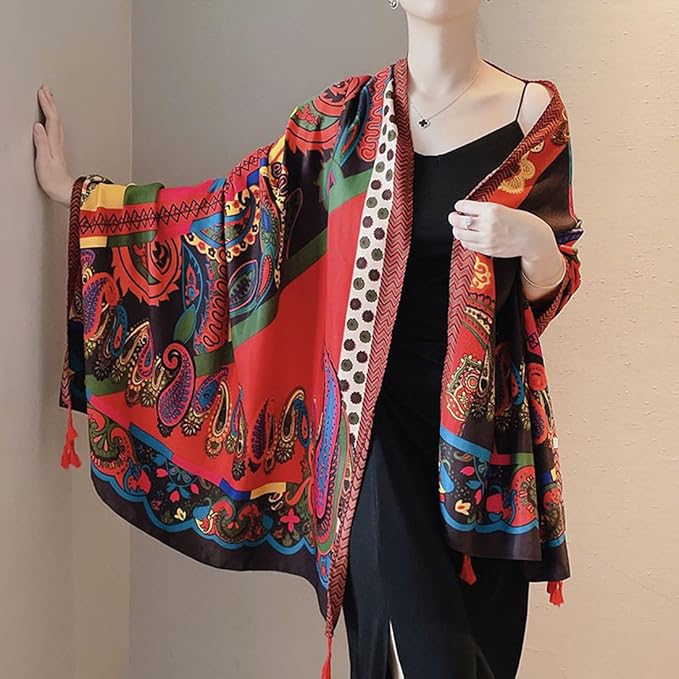 Yeieeo Boho Scarf for Women Lightweight Floral Printed Scarf Fall Winter Fashion Fringed Shawl