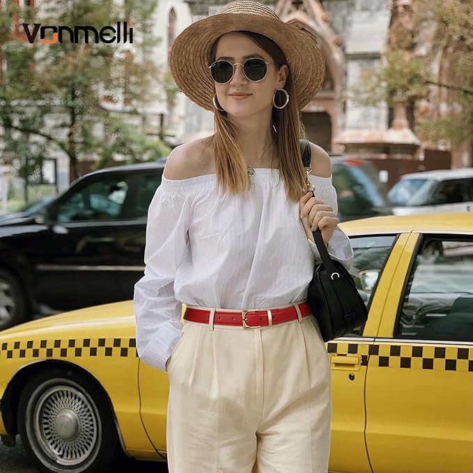 VONMELLI Womens Thin Leather Belt for Jeans Pants Dress Fashion Skinny Belt with Gold Buckle for Women