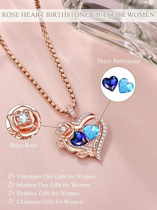 Rose Heart Necklaces for Women, Rose Gold Forever Love Jewelry with 2 Birthstones Pendant, Christmas Anniversarry Birthday Gifts for Her Wife Mom Grandma, 18+2 Inch Chain