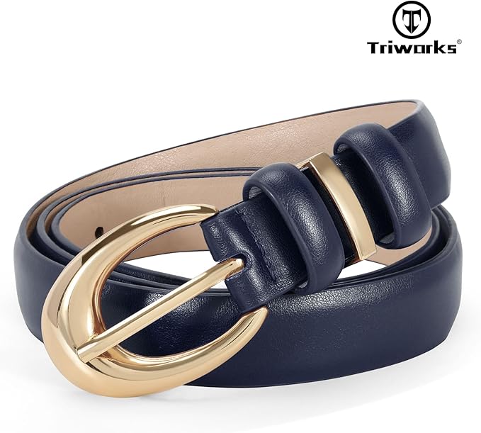 TRIWORKS Women Leather Belt for Jeans Pants Fashion Ladies Skinny Faux Leather Dress belt with Gold Buckle