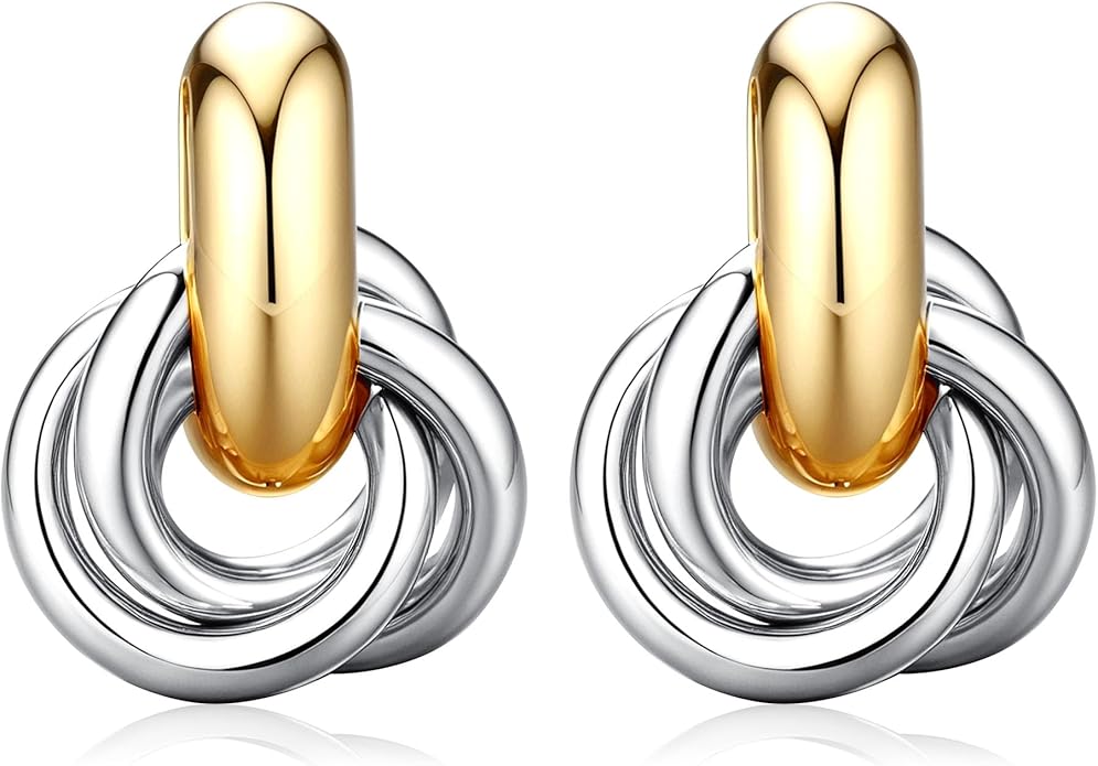 ORAZIO Chunky Gold Plated Knot Earrings for Womens Trendy 925 Silver Statement Lightweight Dangle Drop Hypoallergenic Large Geometric Stud Earring Jewelry for Women