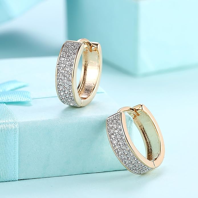 14K Gold Plated Cubic Zirconia Hoop Earrings,Three Row Diamon | Arrows | Double Row of Diamonds Huggie Earrings for Women