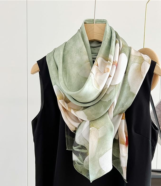 100% Mulberry Silk Scarfs for Women Floral Print Satin Long Scarf for Headscarf Hair Wraps Shawl with Gift Packed
