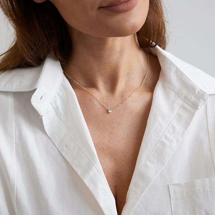 MIDEEO Christmas Gifts for Grandkids CZ Diamond Necklace for Women Dainty Layered Cubic Zirconia Solitaire Pendant Necklace Gold Plated Waterdrop Shape Square Emerald Green CZ Simulated Diamond Bridesmaid Necklace
