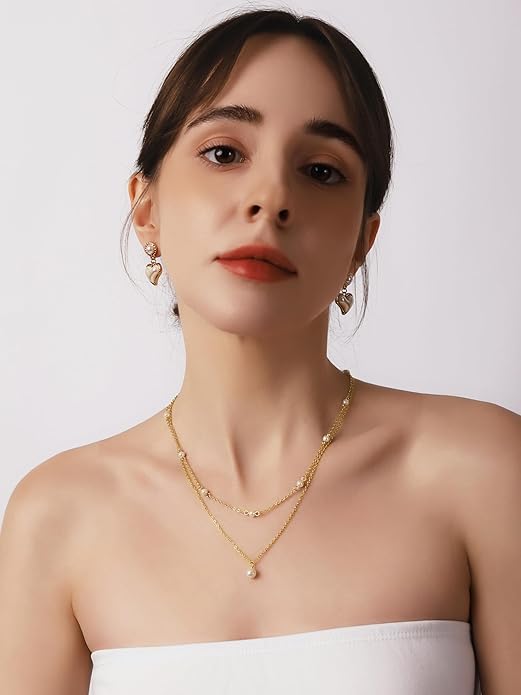 MINACHI Gold Plated Dainty Double Layered Imitation Pearl Chain Necklace for Women, Trendy Simple Minimalist Fashion Jewelry Gift for Women