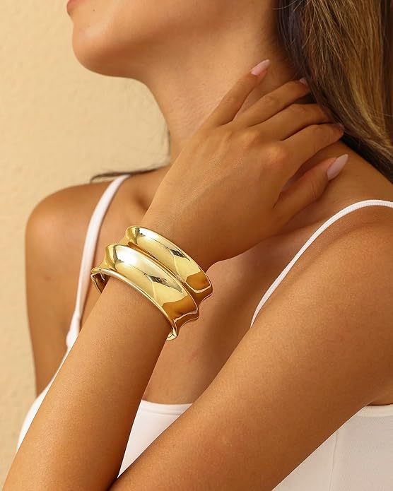 Bangle Bracelets for Women | 14K Gold Plated Trendy Wide Bracelets | Hinged Arm Cuff Bangles Chunky Bracelet for Women