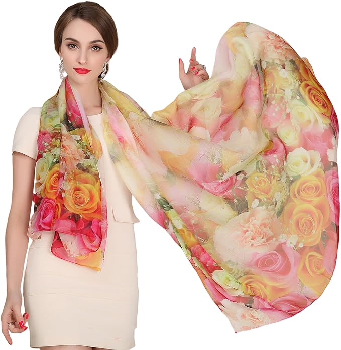 100% Mulberry Silk Women's Neck Silk Scarf-Lightweight Shawl,FLoral Print Beach Silk Wrap-Scarves for Photography