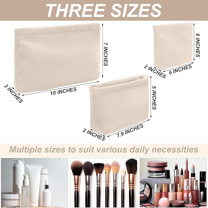 Sanwuta 3 Pack Corduroy Makeup Bag Set Cosmetic Toiletry Travel Pouch Organizer Velvet Makeup Bag for Women Large Pouch Zipper Purse Make up Organizer, Women Girls Gift(Beige)