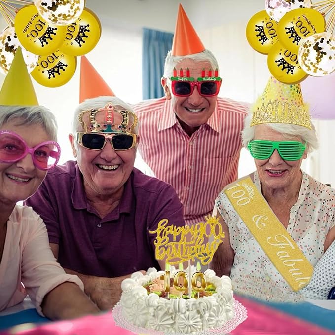 100th Birthday Decorations for Her Girls Set, Include 100th Birthday Crown and 100 Sash, 100th Birthday Cake Topper and 100 Birthday Candles, Gold 100 Balloons, Women 100 Party Supplies(Gold)