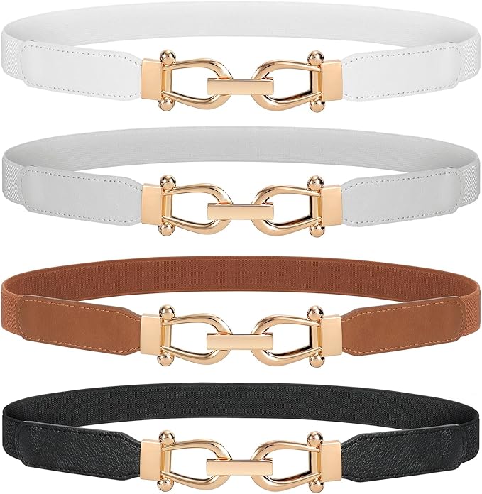 WERFORU Women Skinny Belt for Dresses Retro Stretch Waist Belt with Gold Buckle Set of 4