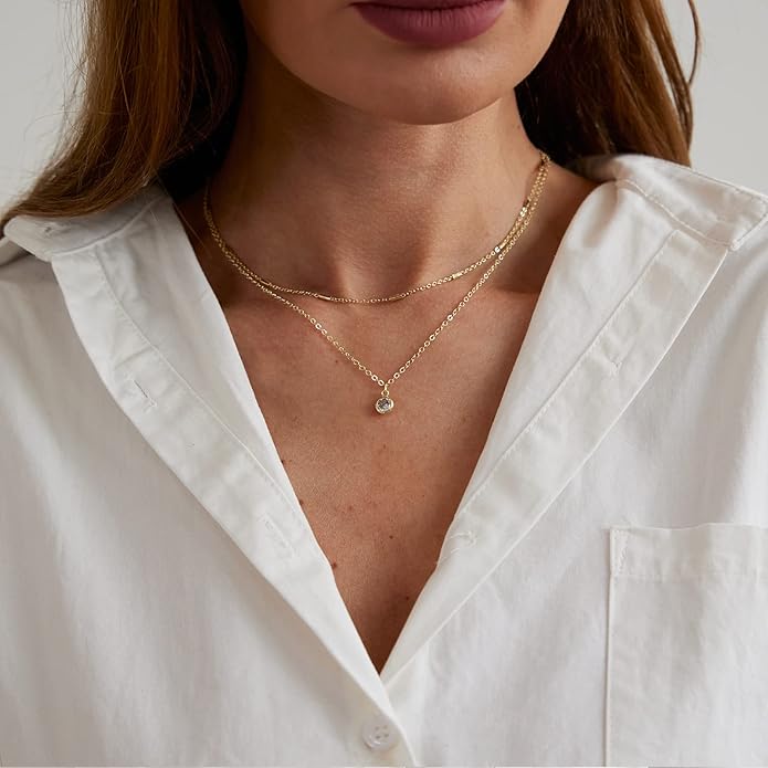 MIDEEO Christmas Gifts for Grandkids CZ Diamond Necklace for Women Dainty Layered Cubic Zirconia Solitaire Pendant Necklace Gold Plated Waterdrop Shape Square Emerald Green CZ Simulated Diamond Bridesmaid Necklace
