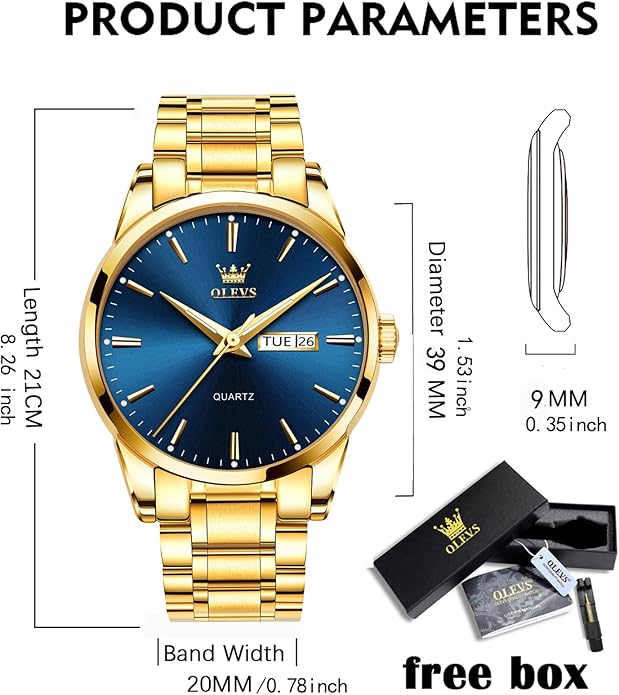 OLEVS Classic Men Watches with Date,Stainless Steel Man Watch with Date, Bussiness Watches for Men,Luminous Quartz Mens Watches Black/White/Blue/Gold, Waterproof Male Watch with Week
