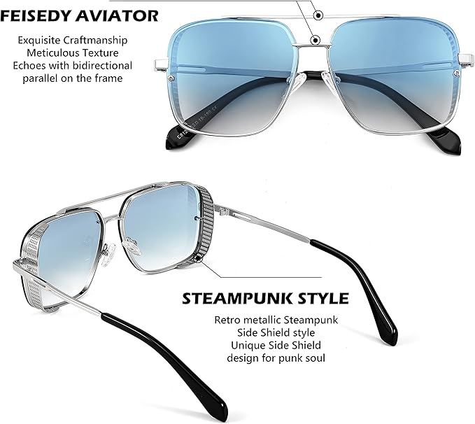 FEISEDY Sunglasses Mens Women Vintage Pilot Square Trendy Metal Steampunk Fishing Driving Sun Glasses B2894