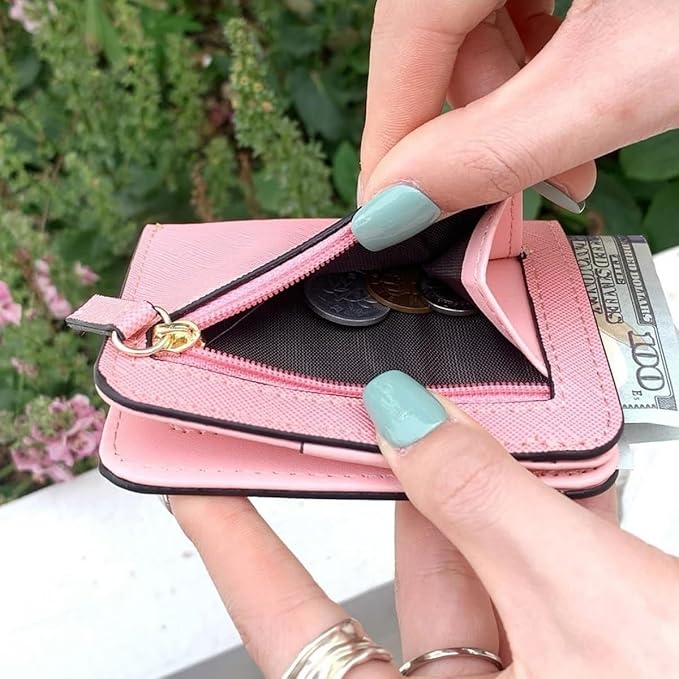 Genuine Leather Wallet for Women Slim Bifold RFID Blocking Secure with Zipper Closure and ID Window (Pink)