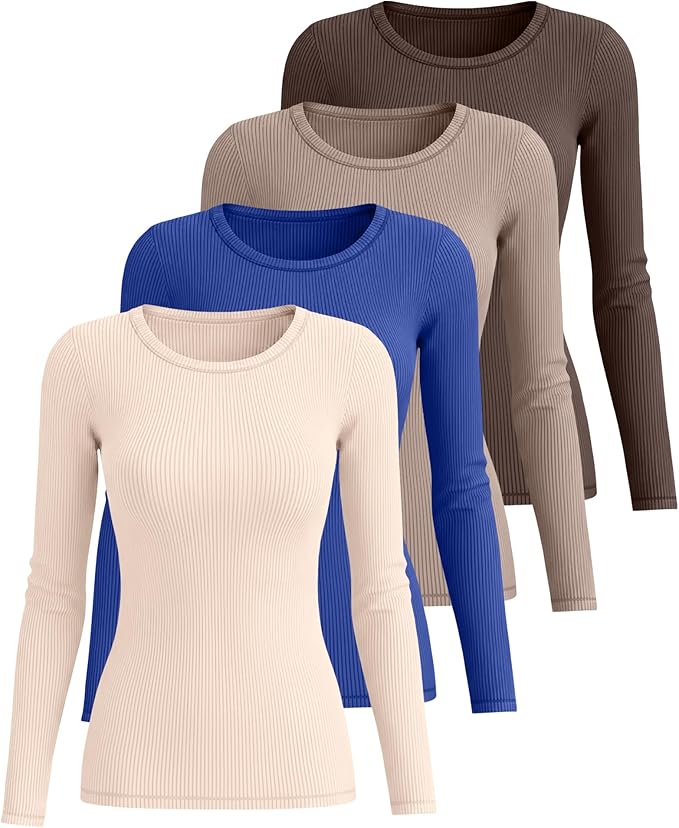 Neer 4 Pack Women's Ribbed Long Sleeve Shirts, Cotton Crew Neck Slim Fit Tops Stretch Knit Casual Base Layer Basic Tee Shirts