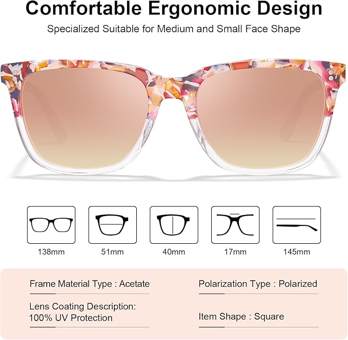 CARFIA Polarized Sunglasses for Women: Acetate, Small/Medium Size, UV400 Anti Glare CA5354