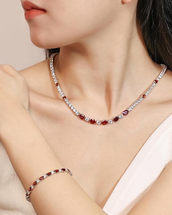 FANCIME Sterling Silver Tennis Necklace 4mm 18 inch Birthstone Necklace with 6 * 8mm Oval Gemstone Luxury Fine Birthday Jewelry Gifts for Women