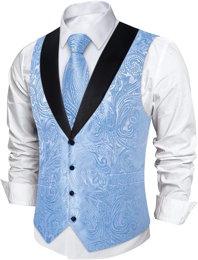 DiBanGu Mens Paisley Suit Vest Silk Jacquard Waistcoat and Necktie Set Formal Shawl Collar Dress Vest 7PCS for Wedding Party