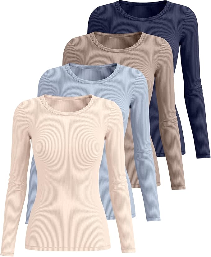 Neer 4 Pack Women's Ribbed Long Sleeve Shirts, Cotton Crew Neck Slim Fit Tops Stretch Knit Casual Base Layer Basic Tee Shirts